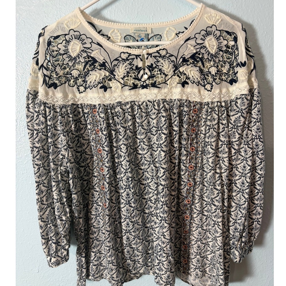 Sundance Womens XL Embroidered Floral Lace Boho Blouse Navy Ivory Peasant Top